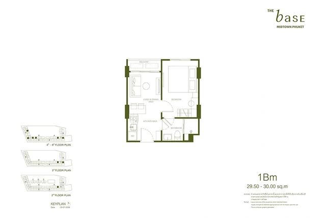Планировка 1Bm THE BASE Midtown Phuket, 29.50-30.00 м²