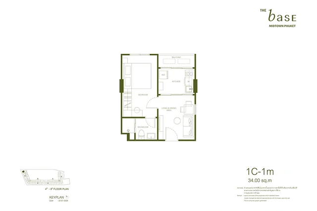 Планировка 1C-1m THE BASE Midtown Phuket, 34.00 м²