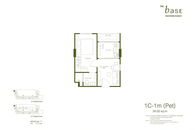 Планировка 1C-1m (Pet) THE BASE Midtown Phuket, 34.00 м²