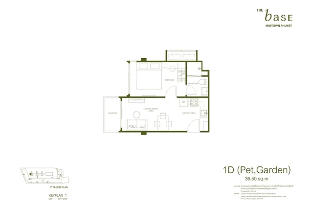 Планировка 1D (Pet, Garden) THE BASE Midtown Phuket, 36.50 м²