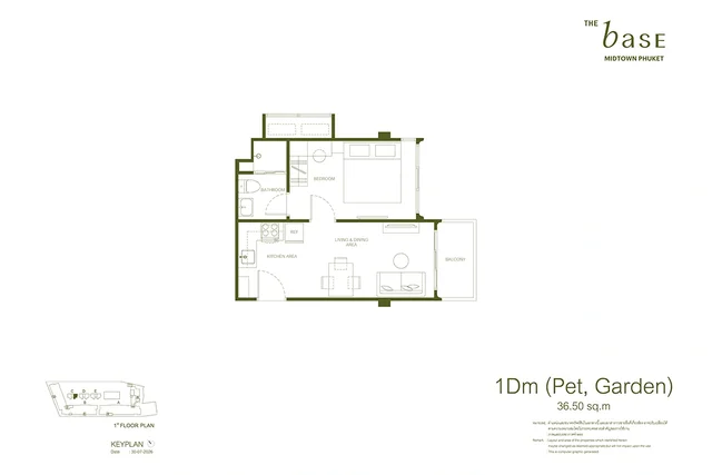 Планировка 1Dm (Pet, Garden) THE BASE Midtown Phuket, 36.50 м²